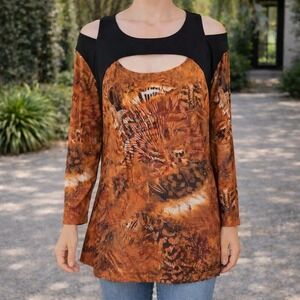 Jete Women XL Cold Shoulder Cut Out Tunic Top Print Orange Black Long Sleeve